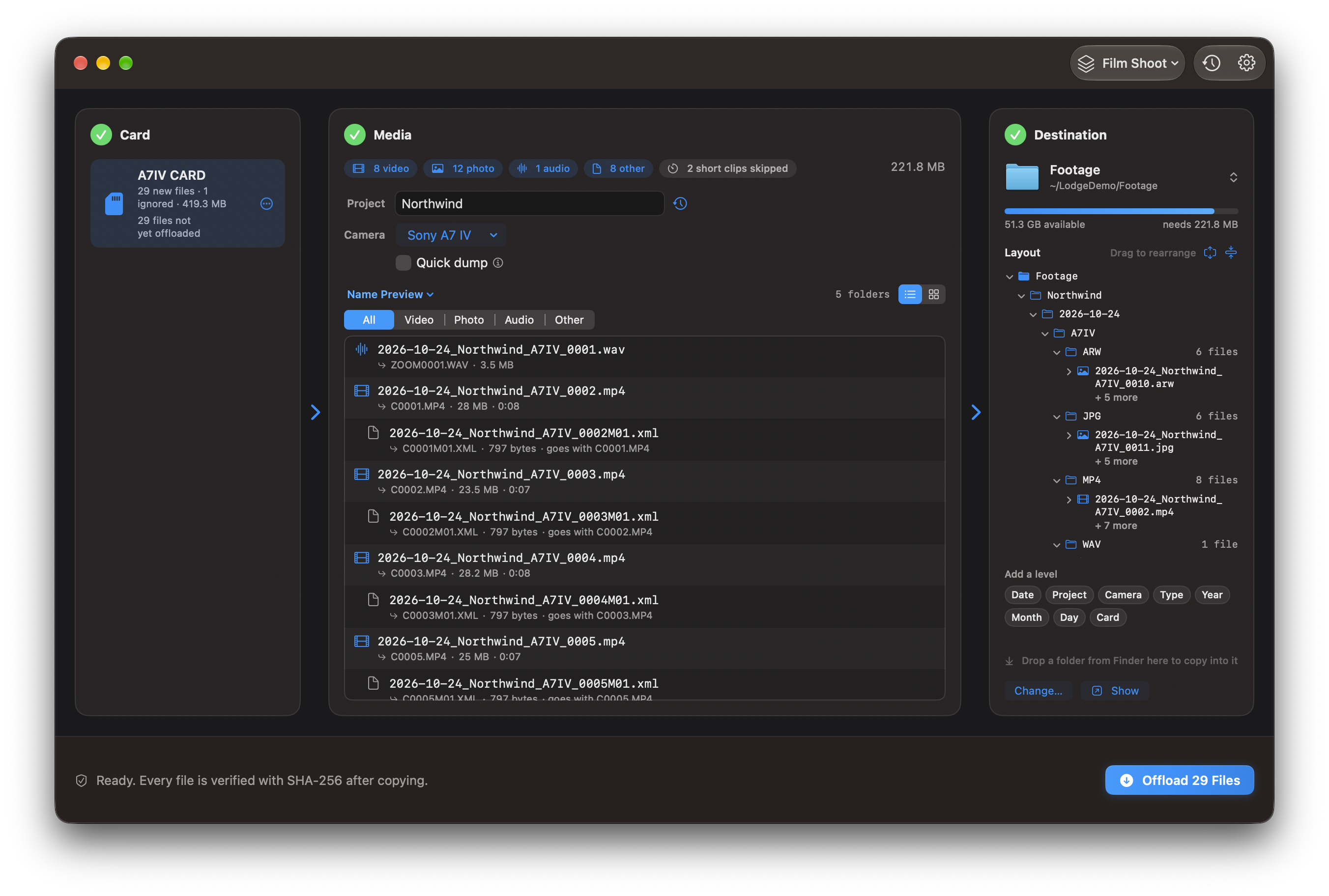 Lodge in Dark mode, ready to offload. The preset menu is at the top right. Offload 29 Files sits along the bottom.