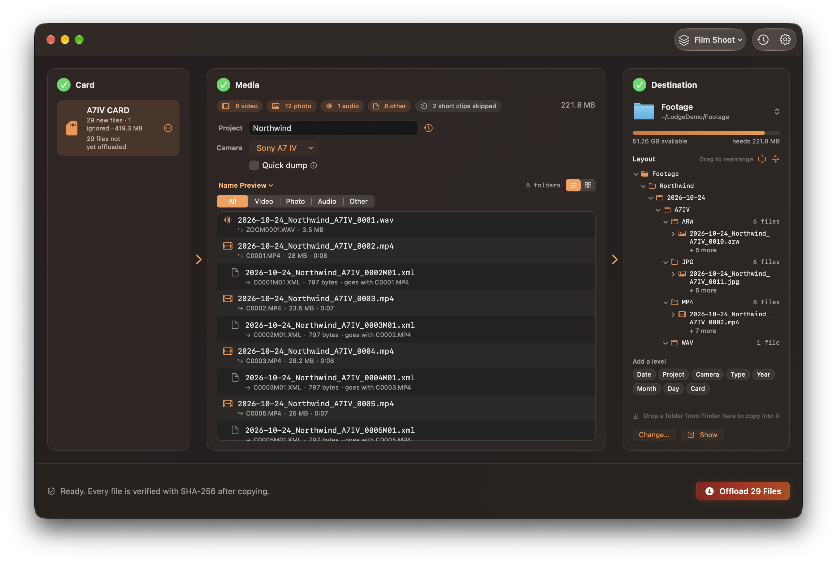 Lodge in the Ember theme, Dark mode, ready to offload. The preset menu is at the top right. Offload 29 Files sits along the bottom.